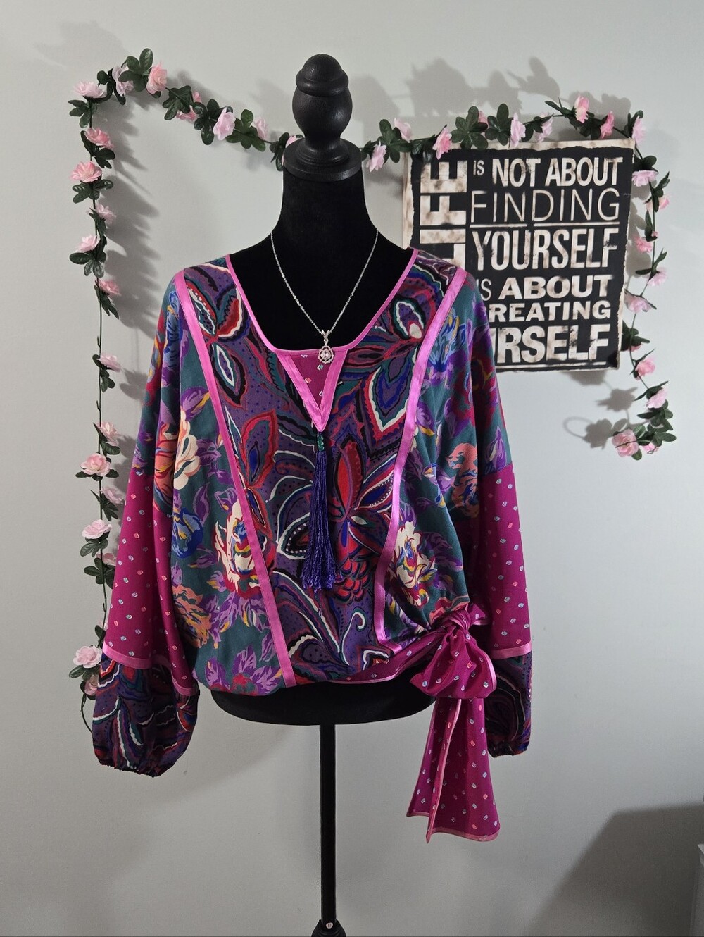 Vintage 80s Shepherds Australia Floral Paisley Blouse Top Side Tie Tassel Sz S​